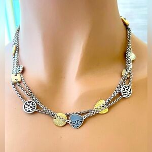 BRIGHTON 3 Chain Heart Necklace 2 Tone Hammered Gold Silver